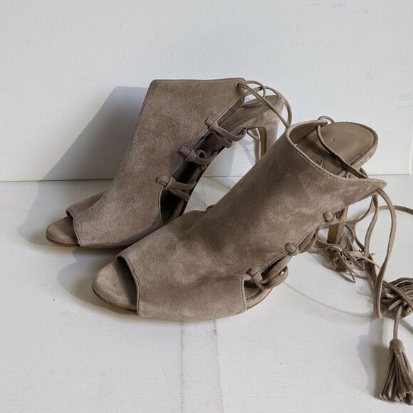 Lord & Taylor Fran Taupe Suede Lace Up Tassel Heels - Picture 3 of 8